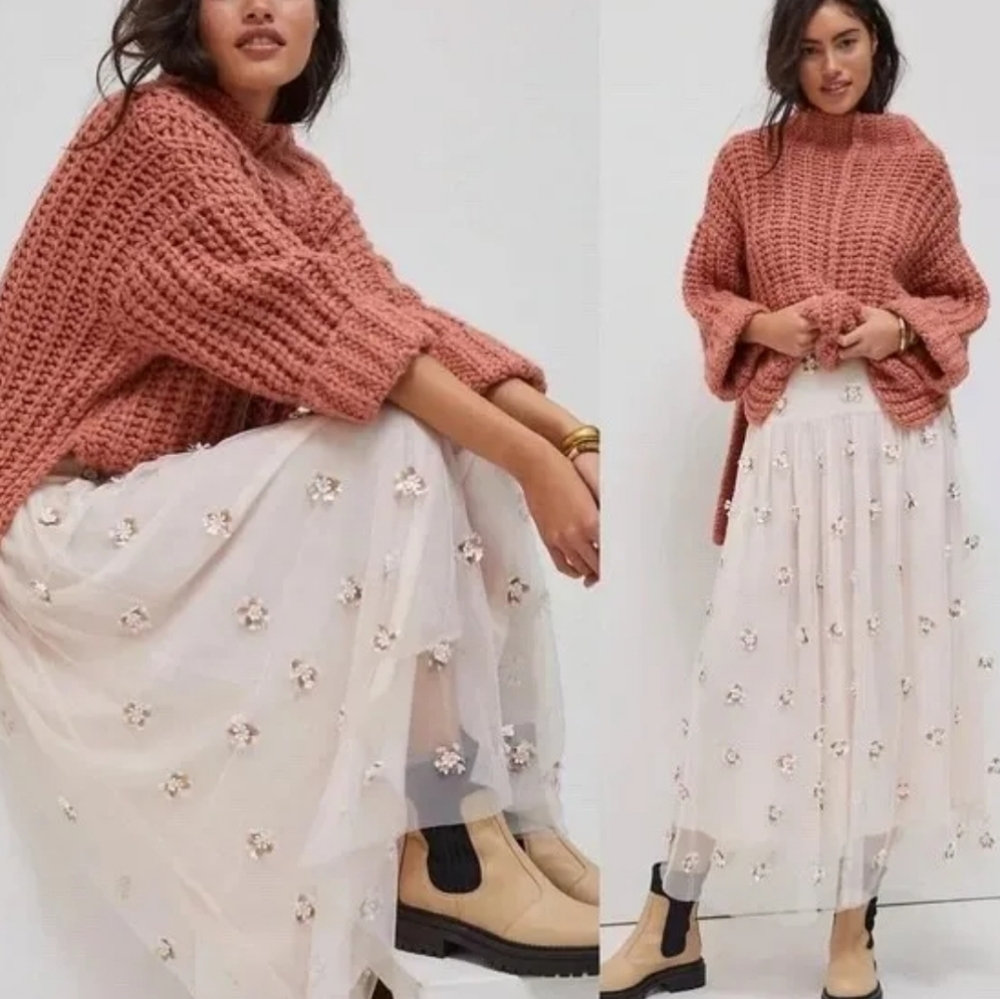 By Anthropologie Billie Textured Long Tulle Skirt with flower appliqués boho